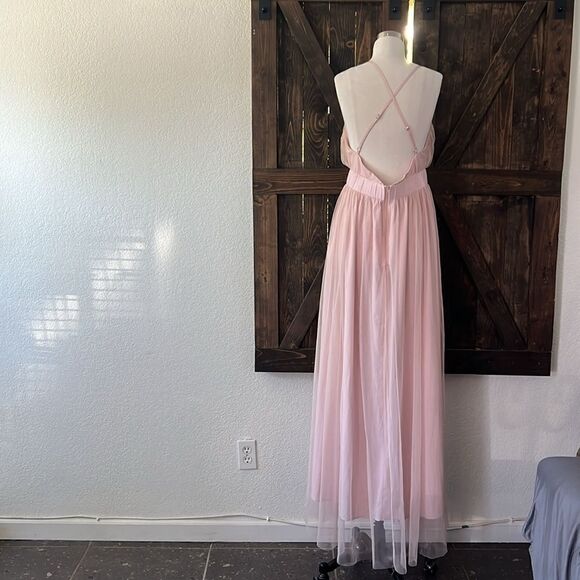 Tulle Pink Mesh Lace Dress, Elegant V-Neck Evening Dress, Autumn Winter Sexy - Picture 8 of 14